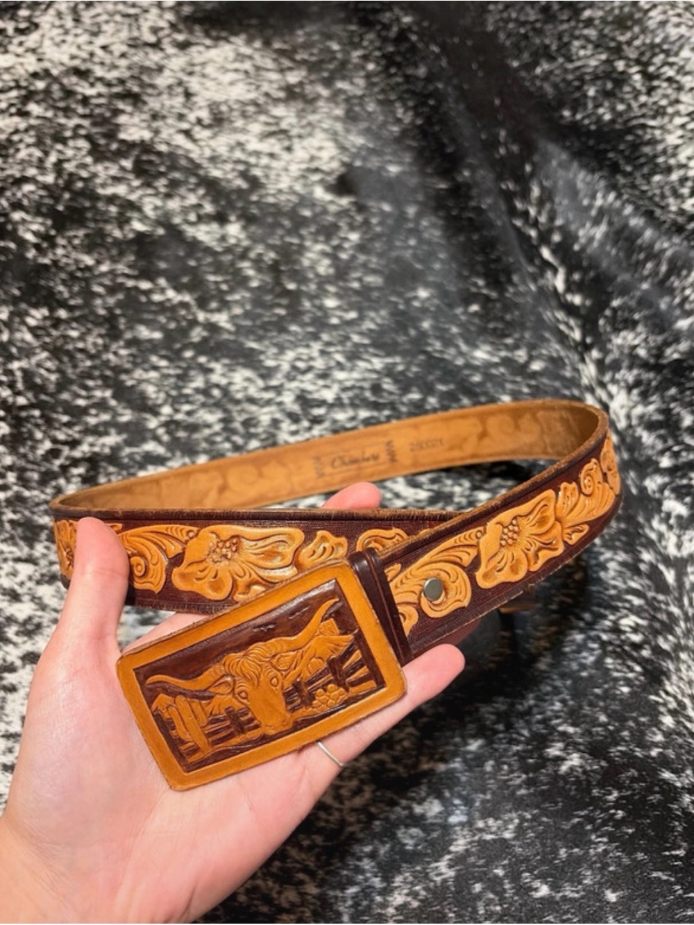 Hand-Tooled Floral Brown Leather Belt with Sculpted Buckle